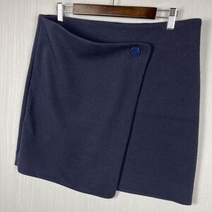 LOFT Faux Wrap Mini Skirt Womens 12 Navy Blue Button Detail Asym Workwear Preppy